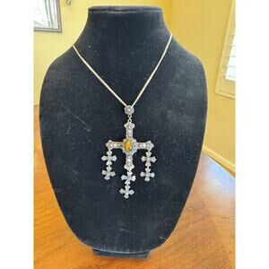 Vtg Taxco Mexico SS Yalalag Wedding Cross Pendant and SS Chain Tiger Eye Stone